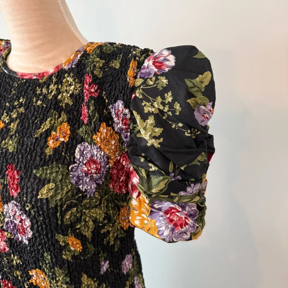 🌸🌼Phoebe Petite Black Floral Smocked Dress Drop Waist Bow Puff Sleeve Romantic - Picture 6 of 14